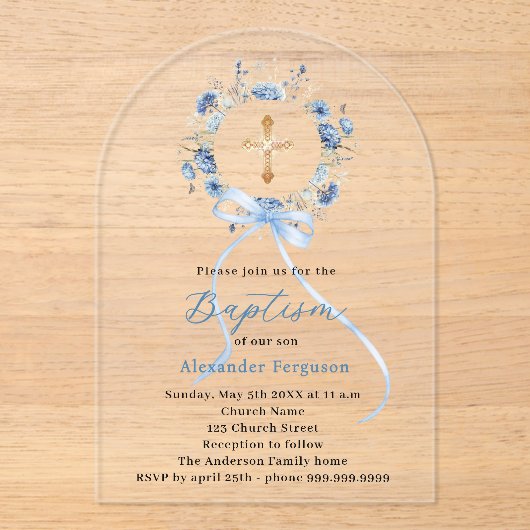 Baptism blue floral wreath boy bow arch アクリル招待状 (正面)