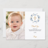 Baptism blue florals photo thank you card 招待状 (正面)