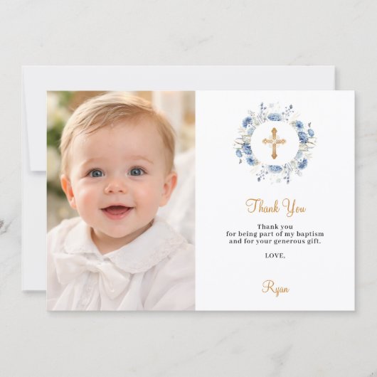Baptism blue florals photo thank you card 招待状 (正面)
