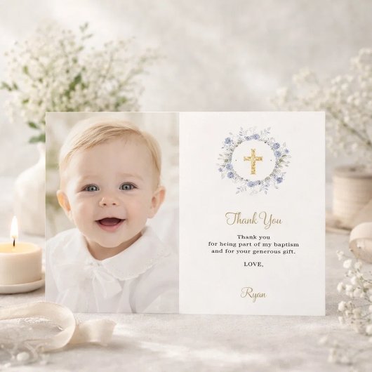 Baptism blue florals photo thank you card 招待状