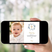 Baptism blue florals photo thank you card 招待状