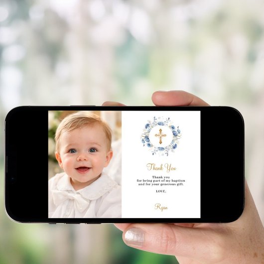 Baptism blue florals photo thank you card 招待状