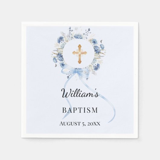 Baptism blue florals wreath boy cross スタンダードカクテルナプキン (正面)