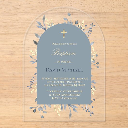 Baptism blue foliage blue arch acrylic invitation アクリル招待状 (正面)