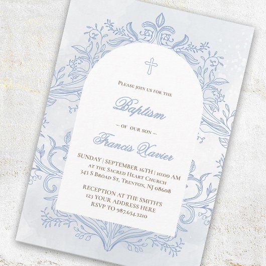 Baptism blue watercolor crest design 招待状