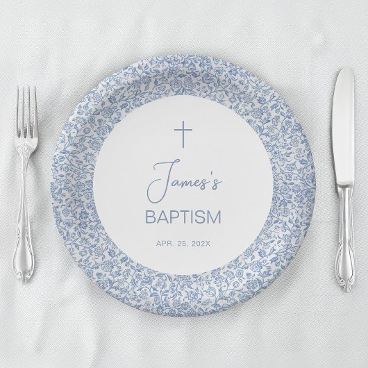Baptism Blue White Floral Pattern Boy Christening  ペーパープレート