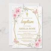Baptism blush pink florals butterfly girl  招待状 (正面)