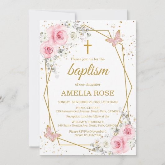 Baptism blush pink florals butterfly girl  招待状 (正面)