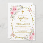 Baptism blush pink florals butterfly girl  招待状 (正面/裏面)
