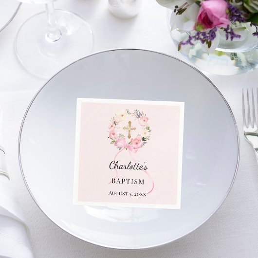 Baptism blush pink girl florals wreath cross スタンダードカクテルナプキン