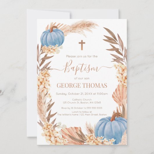 Baptism Boho Pampas arrangement blue Pumpkin 招待状 (正面)