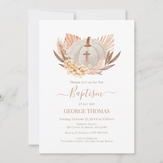 Baptism Boho Pampas white Pumpkin Invitation  招待状 (正面)