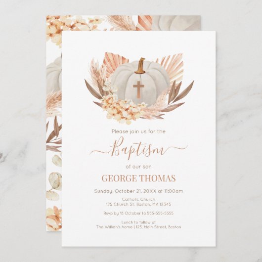 Baptism Boho Pampas white Pumpkin Invitation  招待状 (正面/裏面)