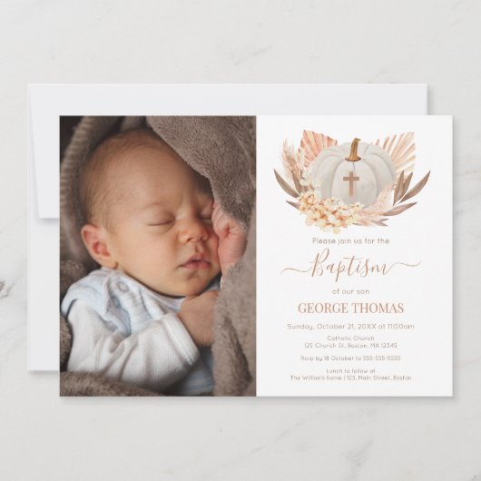 Baptism Boho white Pumpkin Photo Invitation  招待状 (正面)