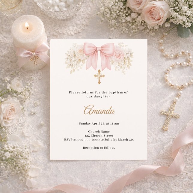 Baptism Bow Blush Pink Florals Cross Invitation (クリエイターアップロード済み)