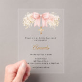 Baptism Bow Blush Pink Florals Neutrals Cross アクリル招待状 (インサイチュ (ポータブル))