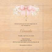 Baptism Bow Blush Pink Florals Neutrals Cross アクリル招待状 (正面)