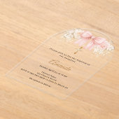 Baptism Bow Blush Pink Florals Neutrals Cross Arch アクリル招待状 (レイダウン)