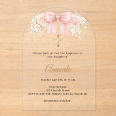 Baptism Bow Blush Pink Florals Neutrals Cross Arch アクリル招待状 (正面)