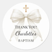 Baptism bow ivory pearls cross thank you ラウンドシール (正面)