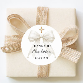 Baptism bow ivory pearls cross thank you ラウンドシール