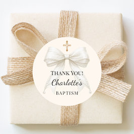 Baptism bow ivory white pearls cross thank you ラウンドシール