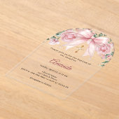 Baptism Bow Pink Florals Girl Cross Premium アクリル招待状 (レイダウン)