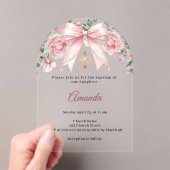 Baptism Bow Pink Florals Girl Cross Premium アクリル招待状 (インサイチュ (ポータブル))