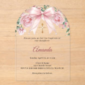 Baptism Bow Pink Florals Girl Cross Premium アクリル招待状 (正面)