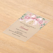 Baptism Bow Pink Florals Girl Cross Premium アクリル招待状 (レイダウン)