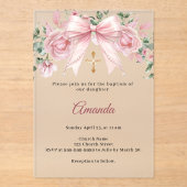 Baptism Bow Pink Florals Girl Cross Premium アクリル招待状 (正面)