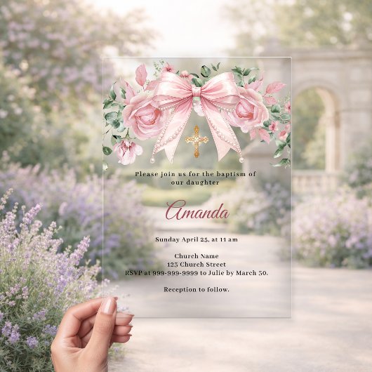 Baptism Bow Pink Florals Girl Cross Premium アクリル招待状