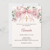 Baptism Bow Pink Ivory Florals Girl Cross 招待状 (正面)