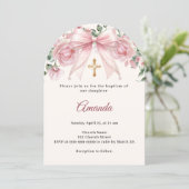 Baptism Bow Pink Ivory Florals Girl Cross Arch 招待状 (スタンド正面)