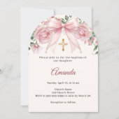 Baptism Bow Pink Ivory Florals Girl Cross Arch 招待状 (正面)