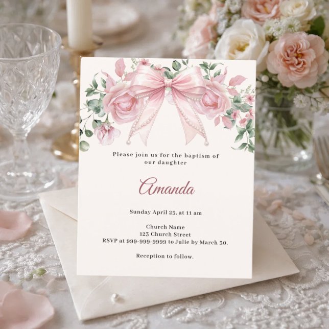 Baptism Bow Pink Ivory Florals Girl invitation (クリエイターアップロード済み)