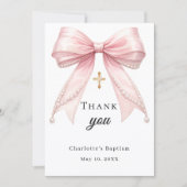 Baptism bow pink pearls gold cross サンキューカード (正面)