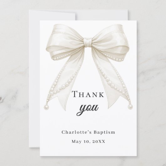Baptism bow white ivory pearls サンキューカード (正面)
