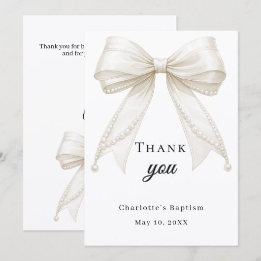 Baptism bow white ivory pearls サンキューカード (正面/裏面)