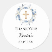 Baptism boy blue florals wreath cross thank you ラウンドシール (正面)