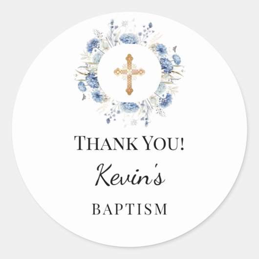 Baptism boy blue florals wreath cross thank you ラウンドシール (正面)