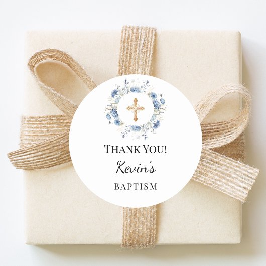 Baptism boy blue florals wreath cross thank you ラウンドシール