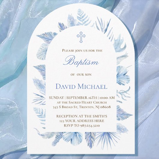 Baptism boy pastel blue foliage invitation 招待状