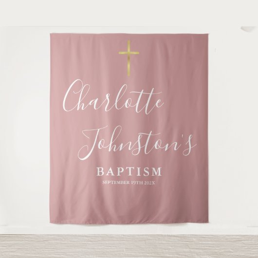 Baptism Christening Dusty Rose Pink Photo Backdrop タペストリー (正面)
