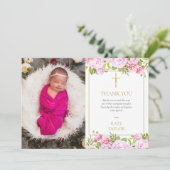  Baptism Christening Photo Pink Rose Floral サンキューカード (スタンド正面)