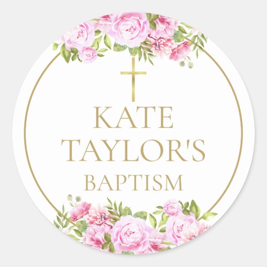  Baptism Christening Pink Rose Floral Favor ラウンドシール (正面)