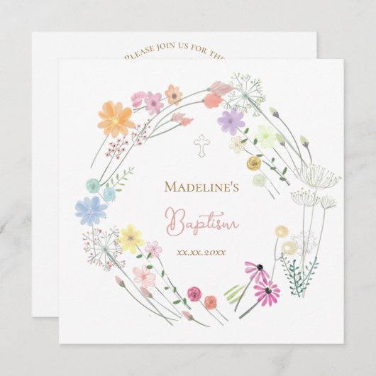 Baptism colorful wildflowers wreath 招待状 (正面/裏面)