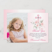 Baptism Communion Confirmation Girl Floral PHOTO サンキューカード (正面/裏面)