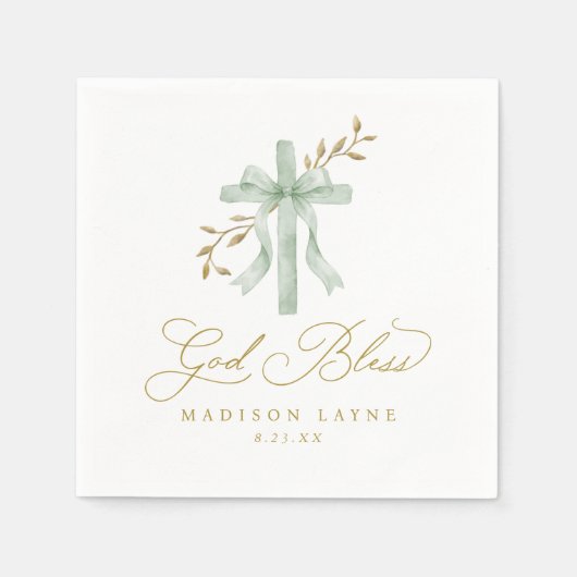 Baptism Communion Gold God Bless Bow Cross スタンダードカクテルナプキン (正面)