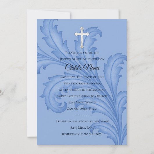 Baptism Confirmation 1st Communion Blue Acanthus 招待状 (正面)